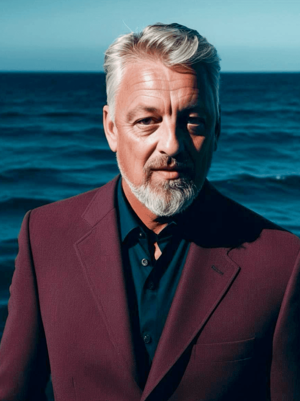 Person wearing a maroon blazer and dark shirt, standing in front of an ocean background.